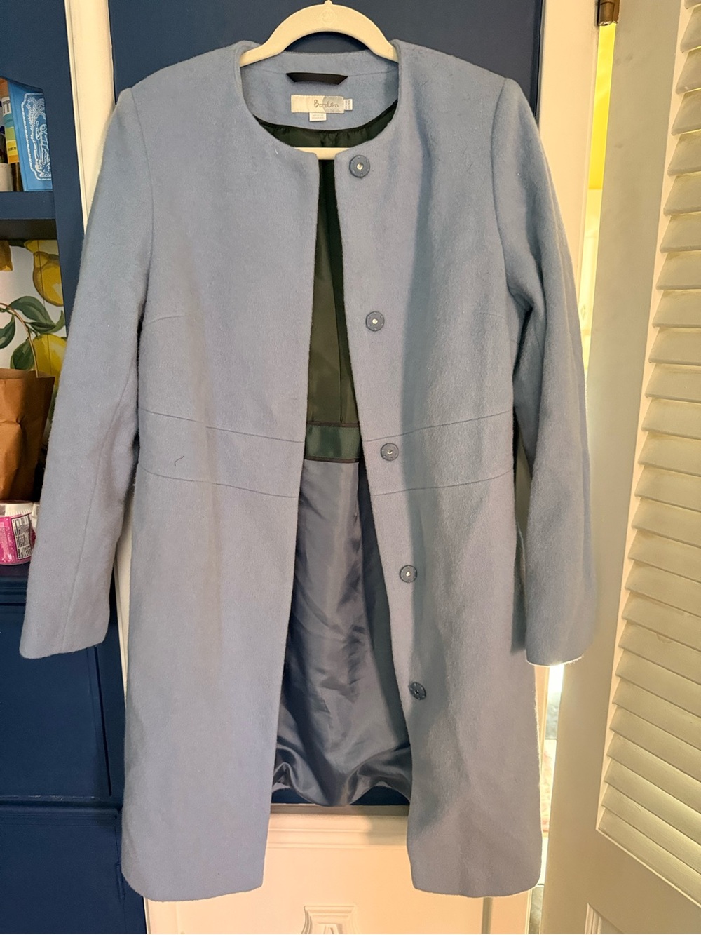 Boden Light Blue Collarless Wool-Blend Coat